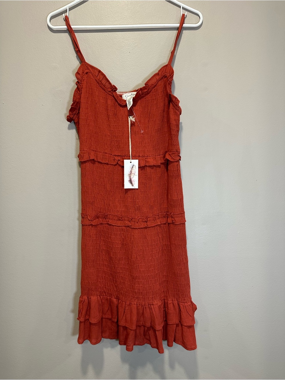Jessica Simpson Terracotta Boho Smocked Ruffle CottageCore Mini Dress NWT Size M